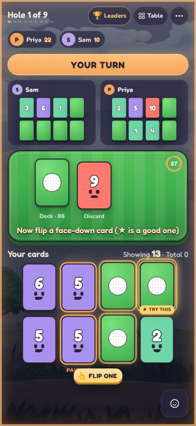 Back Nine on a phone: your eight cards, the deck and the discard pile