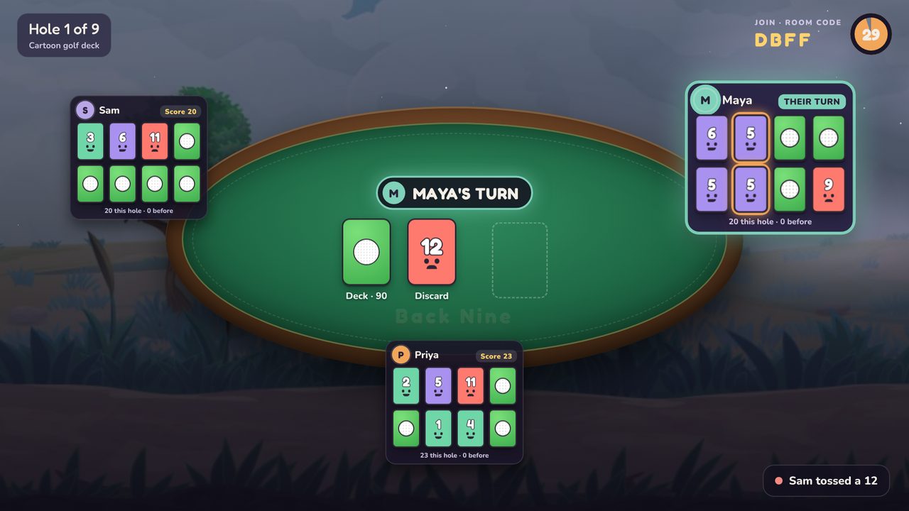 The TV view: everyone's cards around a green table